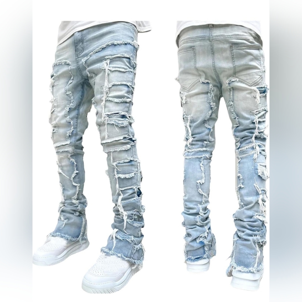 Giraropa Mens Black Stacked Jeans Slim Fit Ripped Jeans Destroyed Straight Denim